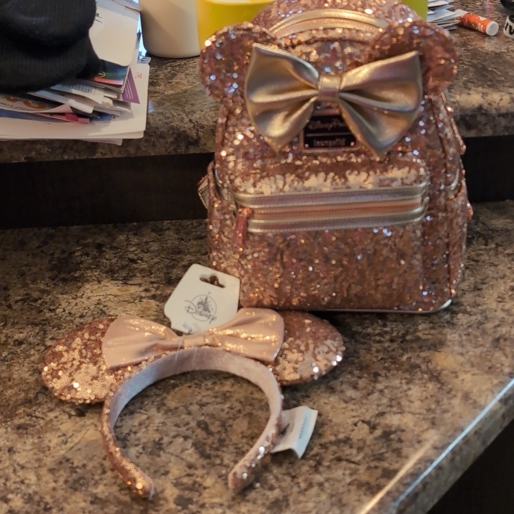 Disney Parks Loungefly Mini Backpack - Minnie Mouse - Rose Gold Sequin With Ears